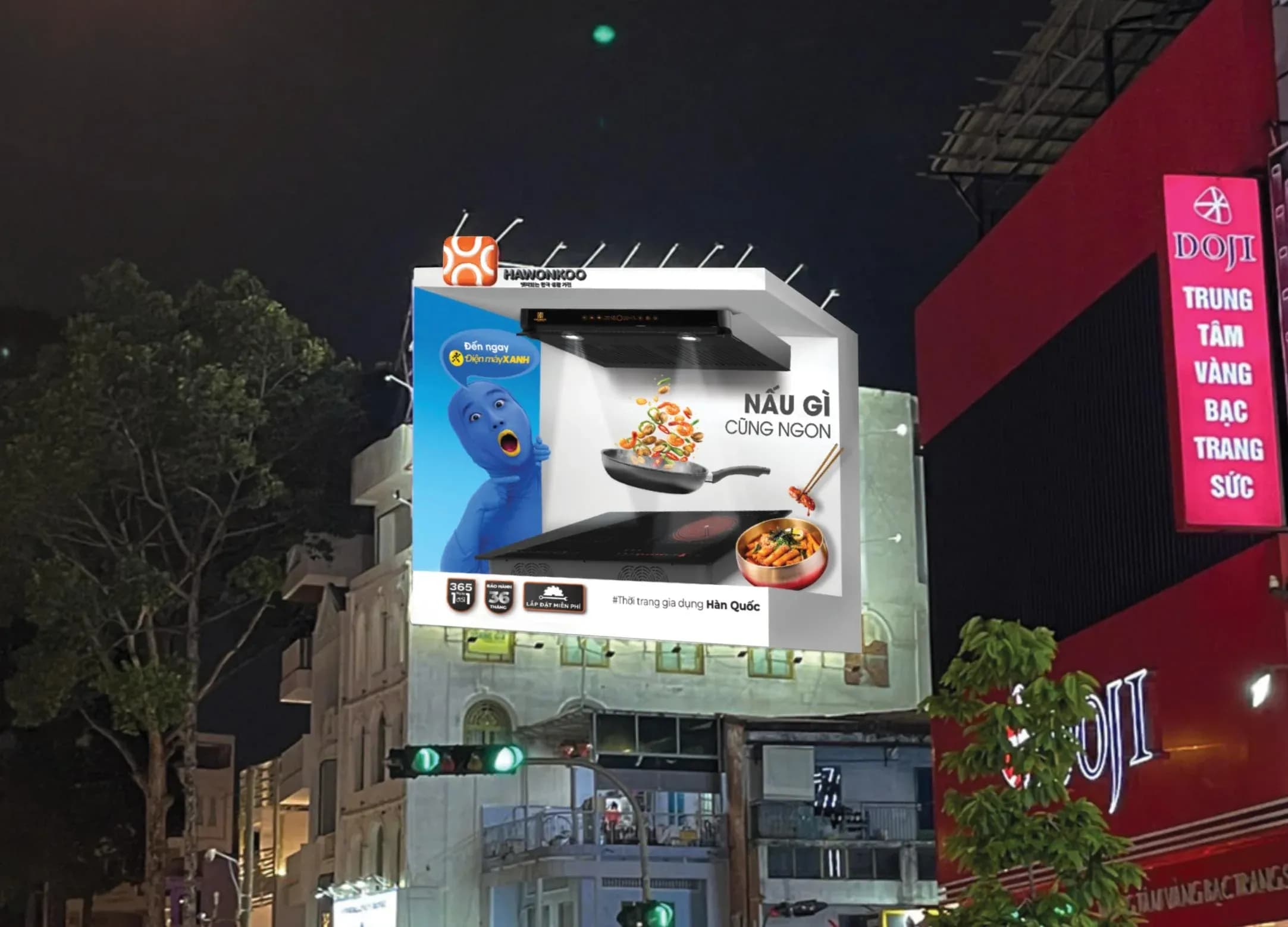 Phối cảnh Hawonkoo × Điện Máy Xanh ban đêm – 227 Đường 3/2, TP. Hồ Chí Minh